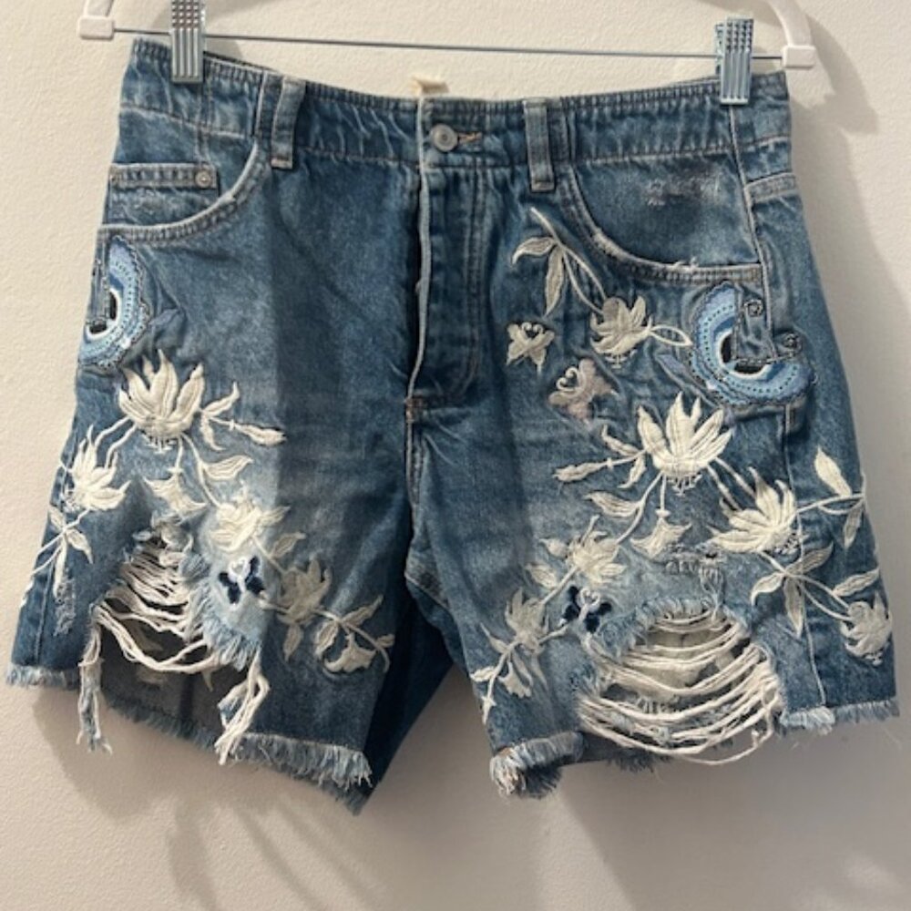 We The Free FP You're My Butterfly Embroidered Blue Denim Distressed Shorts